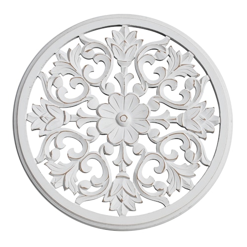 Suspension murale médaillon floral : oeuvre d'art murale en bois blanc rustique de 61 cm (61 cm)