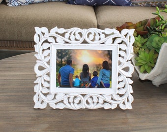Hand Carved Leaf Motif Wooden Picture Frame, Photo Frame, Bridal Frame, Wedding Gift, Bridal Shower, Gift For Mom, Gift For Her, 5x7 Frame
