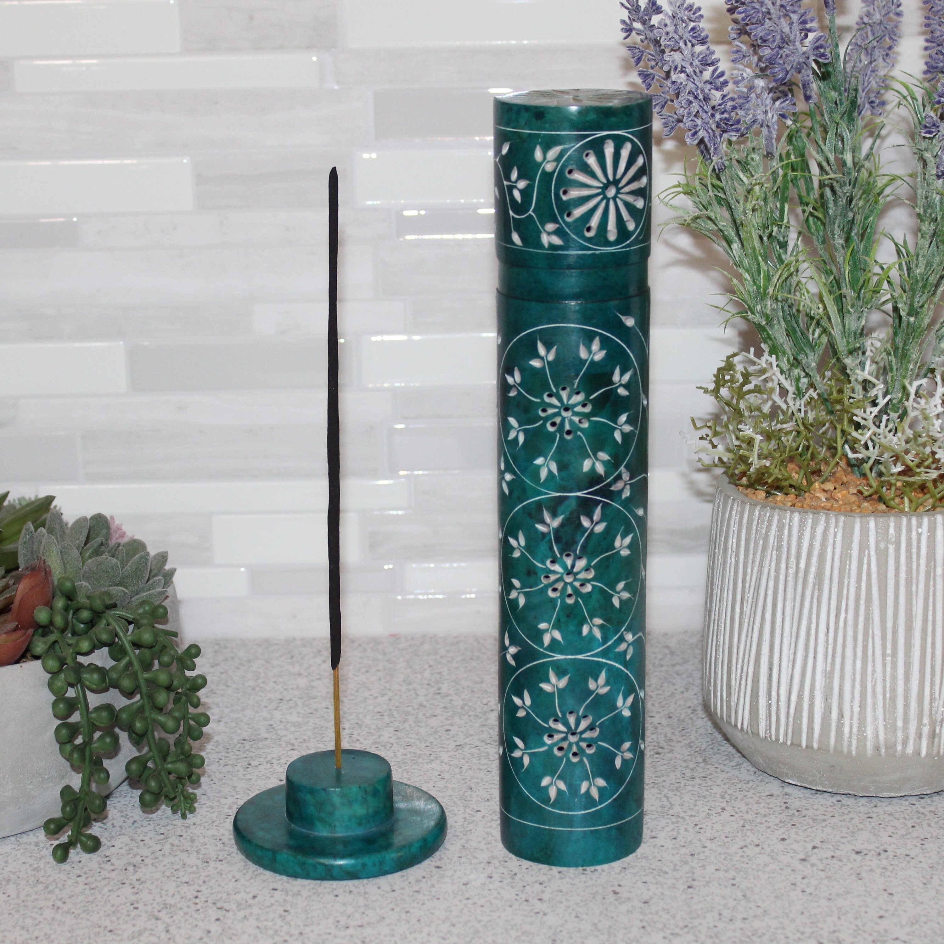 Carved Blue Soapstone Incense Tower Table Top Decor Etsy