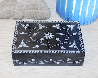 Black Carved Floral Soapstone Box 6”x 4”, Jewelry Box, Small Item Box, Ring Box, Table Top Decor, Bridesmaid Gift, Gift for her