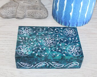 Carved Soapstone Box: Bohemian Design, Jewelry or Tarot Storage (6” x 4”)