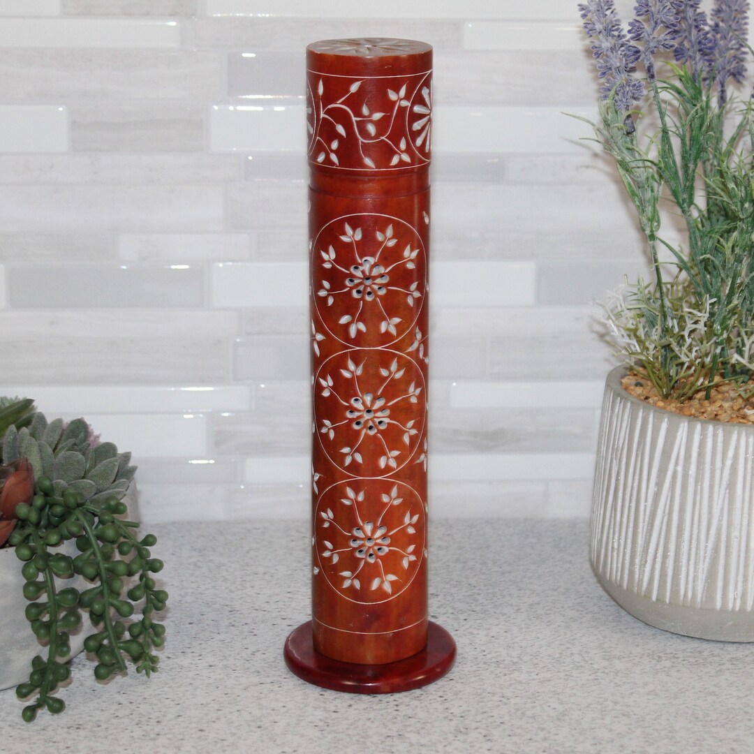 Carved Floral Soapstone Incense Tower, Table Top Decor, Traditional