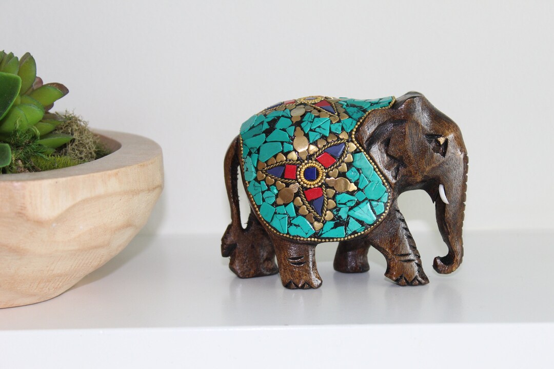 Wooden Elephant Figurine With Turquoise Stone Mosaic, Animal, Animal