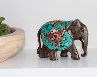 Wooden Elephant Figurine with Turquoise Stone Mosaic, Animal, Animal Figurine, Table Top, Home Office, Home Decor, Gift,