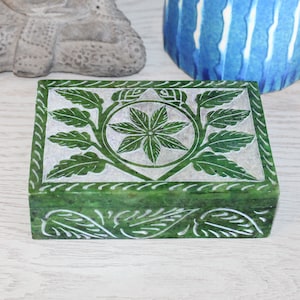 Green Carved Floral Soapstone Box 6”x 4”, Jewelry Box, Small Item Box, Ring Box, Table Top Decor, Bridesmaid Gift, Gift for her