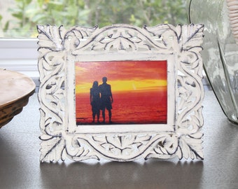 Hand Carved Wooden Picture Frame: Distressed White 5x7 Bridal Gift