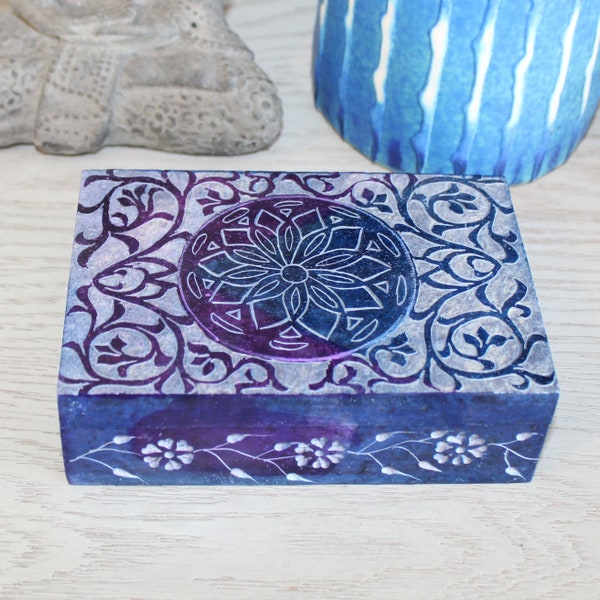Purple Carved Floral Soapstone Box 6”x 4”, Jewelry Box, Small Item Box, Ring Box, Table Top Decor, Bridesmaid Gift, Gift for her