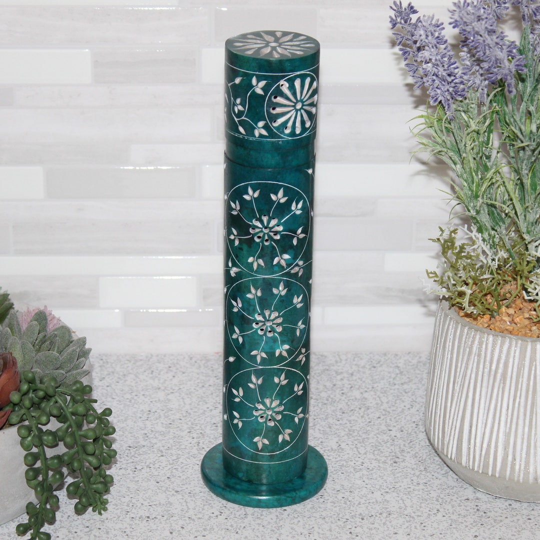 Carved Blue Soapstone Incense Tower, Table Top Decor, Traditional
