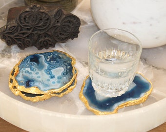 Blue Agate Coaster with Gold Trim: Natural Stone Drinkware