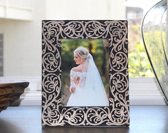 Hand Carved Floral Vine Motif Wooden Picture Frame