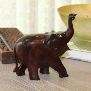 Wooden Trunk Up Elephant, Animal Figurines, Elephant Statue, Home Decor, Housewarming Gift, Office Decor, Tabletop Decor, Kids Room Decor