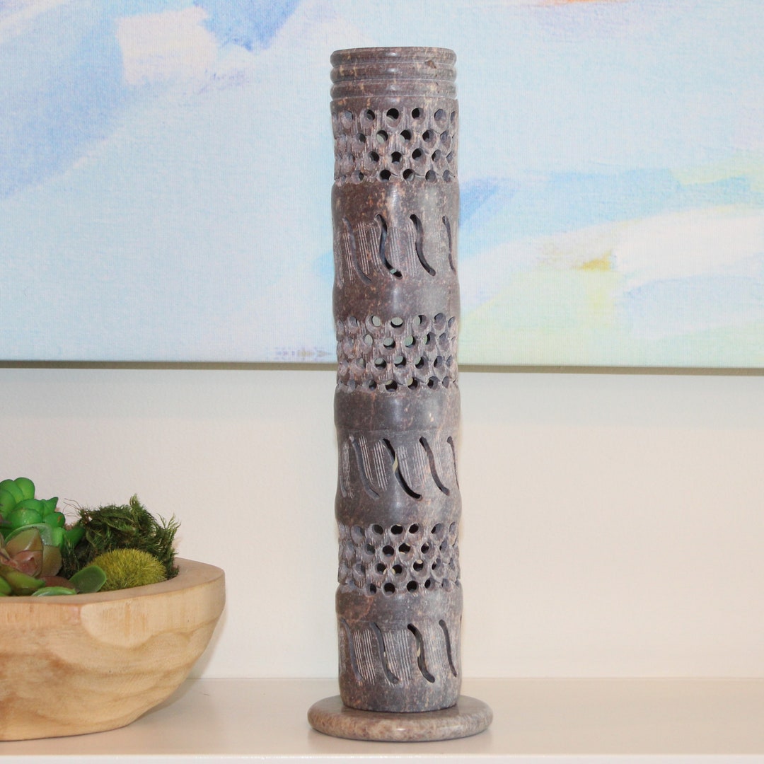Carved Jali Soapstone Incense Tower, Table Top Decor, Traditional