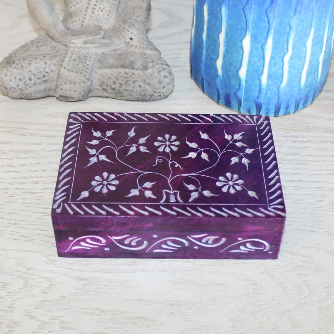 Purple Floral Soapstone Box 6x 4, Jewelry Box, Small Item Box, Ring Box