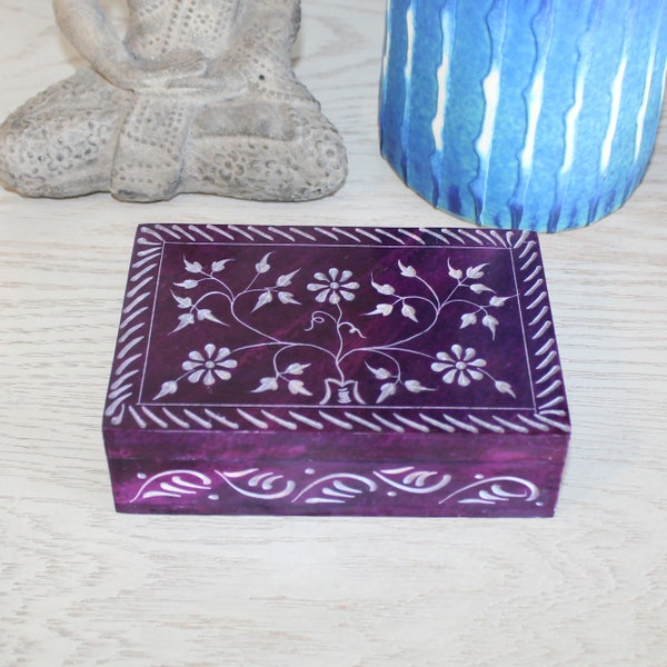 Purple Floral Soapstone Box 6”x 4”, Jewelry Box, Small Item Box, Ring Box, Table Top Decor, Bridesmaid Gift, Gift for her, Carved box