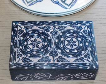 Carved Floral Soapstone Box: Blue Jewelry Box, Table Decor (6” x 4”)