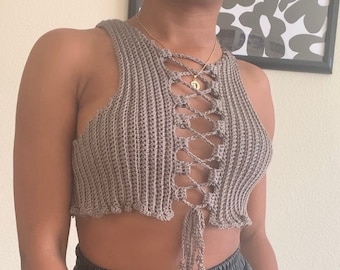 Lace up racer back ribbed women’s handmade crochet cropped tank top, women’s tank and tube tops, beach festival vacation outfits