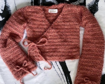 Fuzzy chunky yarn handmade long bell sleeve crochet wrap top, long sleeve womens shirt sweater with bows
