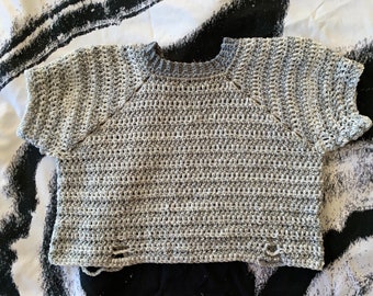 Grey Striped handmade Crochet Crop Top striped tshirt, crochet cropped tee, boho raglans women’s shirt top