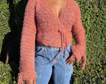 Crochet wrap top pattern for beginners, bulky weight 5 yarn, crochet pattern with pictures digital download, crochet long sleeve top pattern