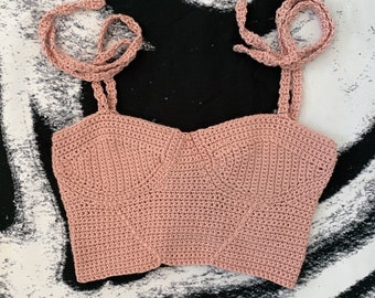 Handmade pink cropped crochet bustier corset crop top, adjustable lace up womens crop top