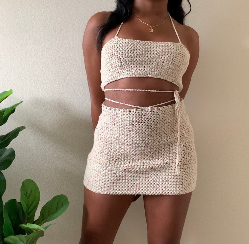 Matching Two Piece Crochet Mini Skirt and Crop Top Matching Set — free download