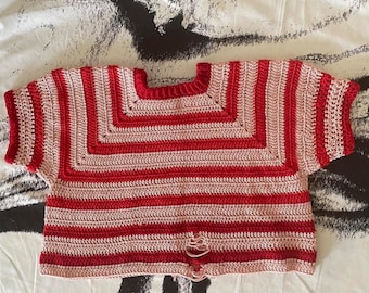 Red and pink striped raglan handmade crochet short sleeve distressed crop top shirt, womens top tshirt, beachwear