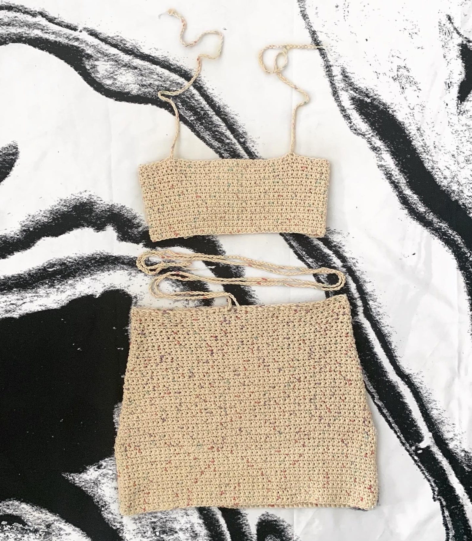Beige Eyelet Knit Crochet Sleeveless Top & Mini Skirt 2 Piece Set
