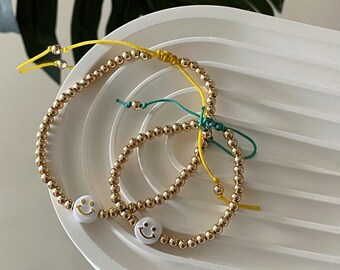 14K Gold Filled 4mm Beads Bead Charm Bracelet,Nylon Cord adjustable bracelet, beaded bracelet, beads charm bracelets, smiley face bead charm