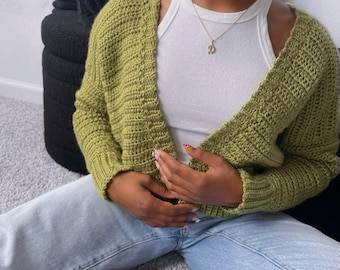 Instant Digital Download PDF Crochet Cropped Cardigan Pattern, Beginner Friendly, Ribbed Trim Collar,Step-by-Step Instructions with Photos
