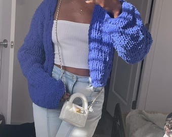 Handmade Chunky Knit Blue Cozy Soft Stylish Knitwear Cardigan Sweater | Perfect Fall & Winter Layer