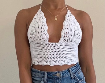 Lace edge handmade cotton crochet halter cropped top, crochet lace bralette, beach vacation festival crop top,