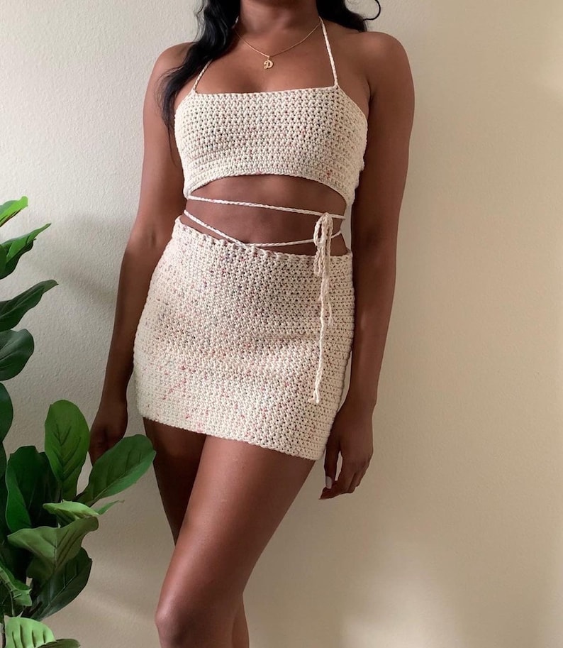 Matching Two Piece Crochet Mini Skirt and Crop Top Matching Set — free download