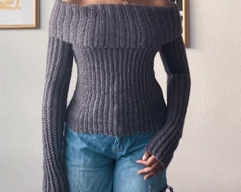 Crochet off the shoulder long sleeve top pattern for intermediate crocheters, weight 4 yarn, crochet pattern with pictures digital download,