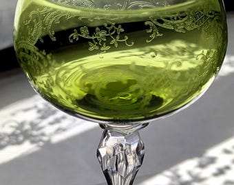 St Louis Engraved Green Uranium Crystal Antique French Wine Glass