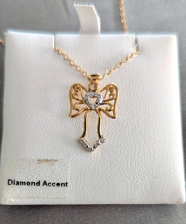 Angel Pendant Necklace Vintage Sterling Silver Gold Plated Diamond Chip bild 2