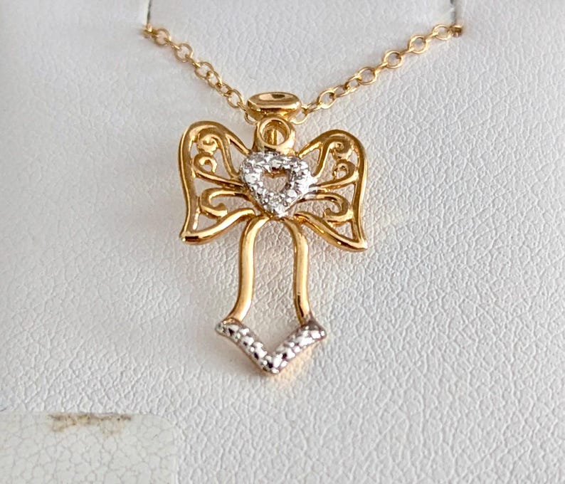 Angel Pendant Necklace Vintage Sterling Silver Gold Plated Diamond Chip bild 1