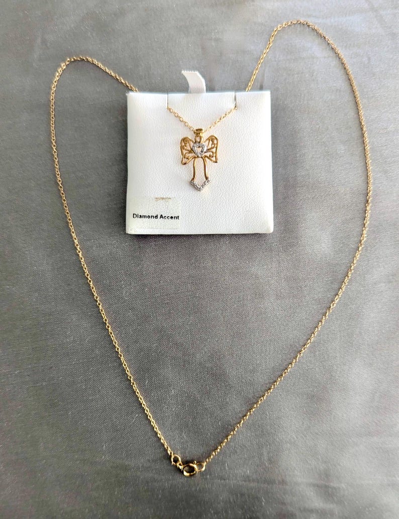 Angel Pendant Necklace Vintage Sterling Silver Gold Plated Diamond Chip bild 5