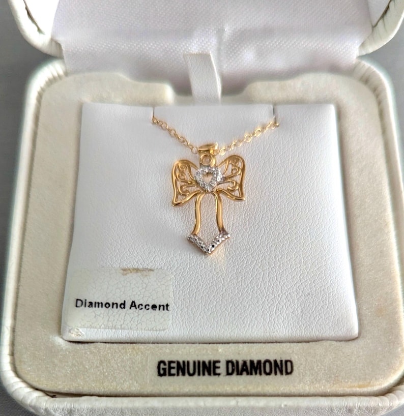 Angel Pendant Necklace Vintage Sterling Silver Gold Plated Diamond Chip bild 4