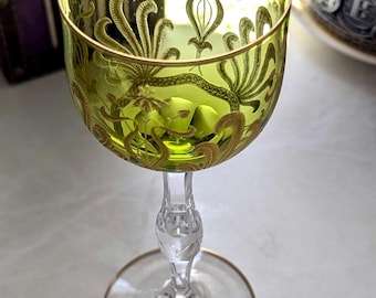St Louis Antique Green Crystal Gold Rimmed French Wine Glass RARE