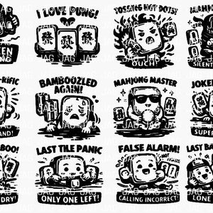 May include: Black and white cartoon illustrations of Mahjong tiles with various expressions and phrases like "Drunken Gmag Omg" and "Winning Hand!" The images are in a comic style.