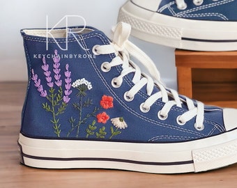 Personalize Embroidery Colorful Lavender Flower Custom Handmade Embroidered Floral Chuck Taylor High Top Personalized Gifts For Woman