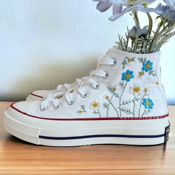 Personalize Embroidery Blue Flower Custom Handmade Embroidered Floral Chuck Taylor High Top Personalized Gifts For Woman