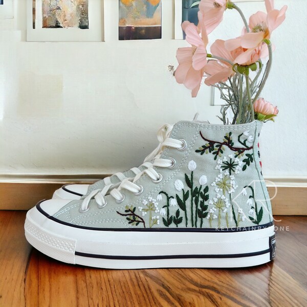 Custom Personalized Chuck Taylor Shoes Custom Sweet White Flower Embroidery Sneakers for Bride Custom Embroidered Flower Gift For Her