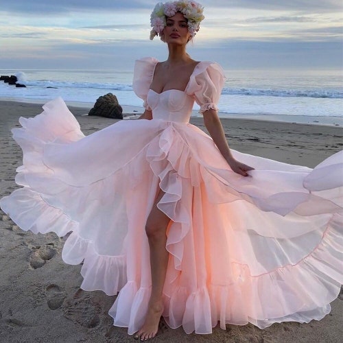 Women Princess Organza Trailing Prom Dress, Princess Party Ball Gown High Slit Dress, Lace Up Ruffle Dress, Gift For Her, Beach Dress