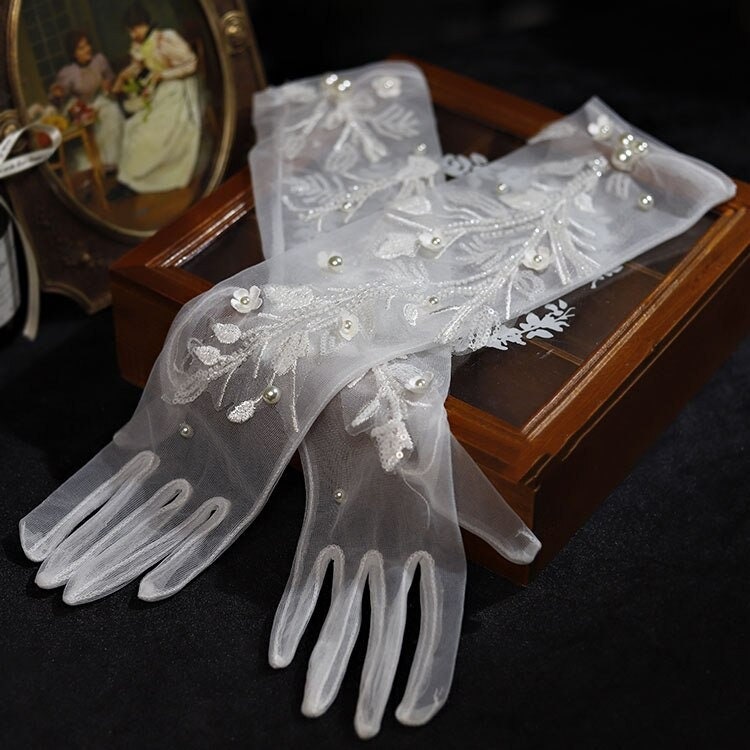 Long Bridal Gloves Flower Pearls Wristband Wedding Glove for Etsy