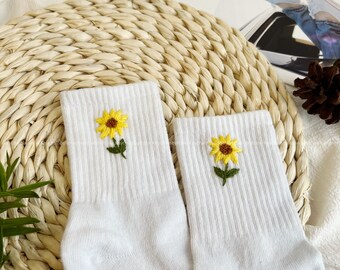 Hand Embroidered Sun Flower Socks Sunflower Embroidery Sock Christmas Sock Winter Stockings Xmas Gifts Flower Socks Embroidery Gits