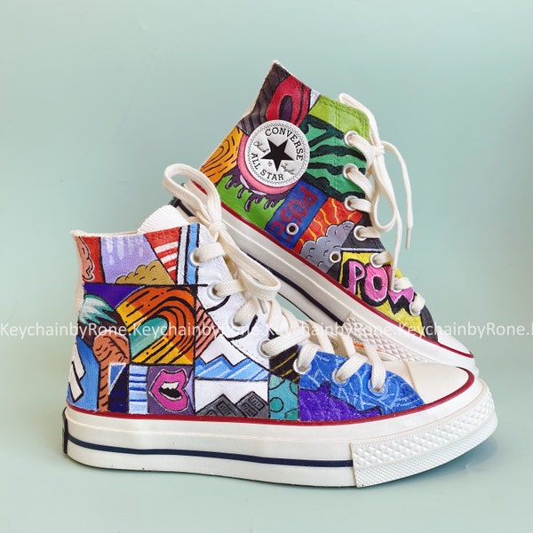 Abstract Mountain Loving Shoes Personality Design Hand Painted Colorful Cloudy Mountain Converse High Top Painting Abstract Converse