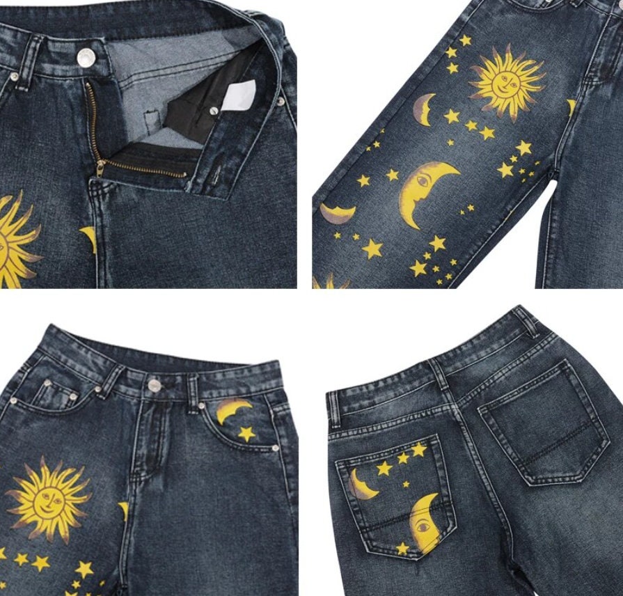 Sun Moon Star Pattern Casual Straight Denim Pants - Etsy