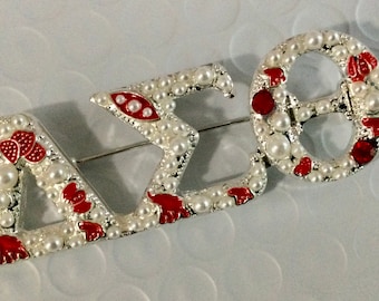 Delta Sigma Theta Silver Pin and Charm with Pearls and Red Jewels