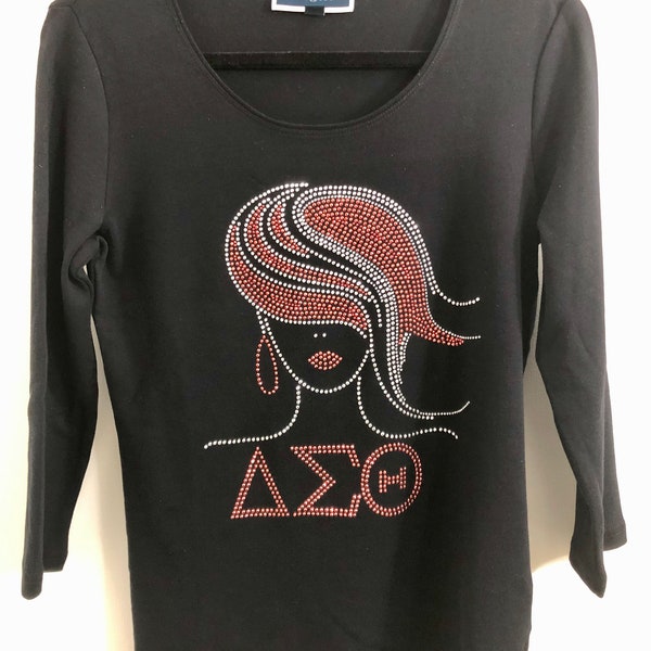 X-SMALL ONLY—  Delta Sigma Theta Black Scoop Neck Rhinestud 3/4 Sleeve Shirt